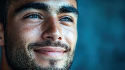 Fototapeta premium Close-up portrait of a young man with a light beard and blue eyes, looking up and smiling slightly.