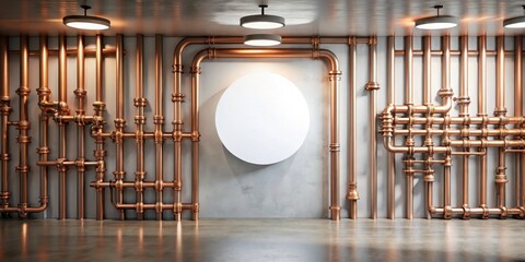 Modern Industrial Interior with Copper Piping and Blank Circular Sign