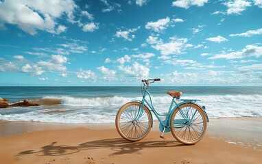 Fototapeta premium Blue bicycle on golden sandy beach, ocean waves crashing in the background, relaxed travel lifestyle, vintage charm, detailed textures, 8K ultrarealistic