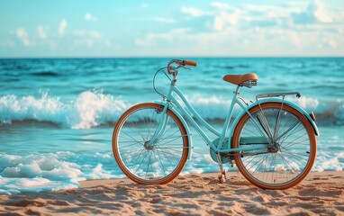 Fototapeta premium Blue bicycle on golden sandy beach, ocean waves crashing in the background, relaxed travel lifestyle, vintage charm, detailed textures, 8K ultrarealistic
