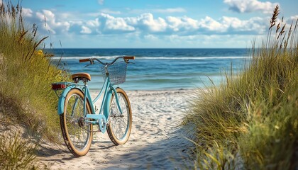 Fototapeta premium Blue vintage bicycle on beach pathway, sunlit ocean horizon, summer travel vibe, peaceful beach scene, highresolution details, vibrant beach colors