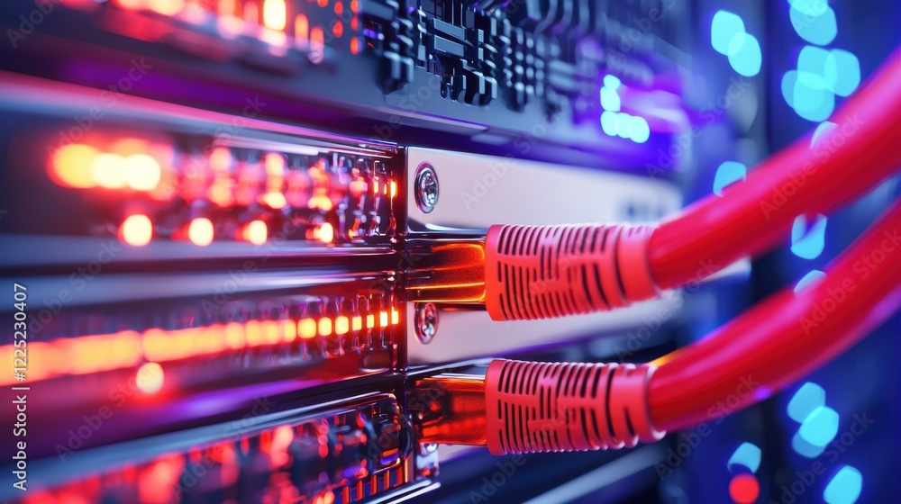 Poster ethernet cable plugged into network device in tech environment