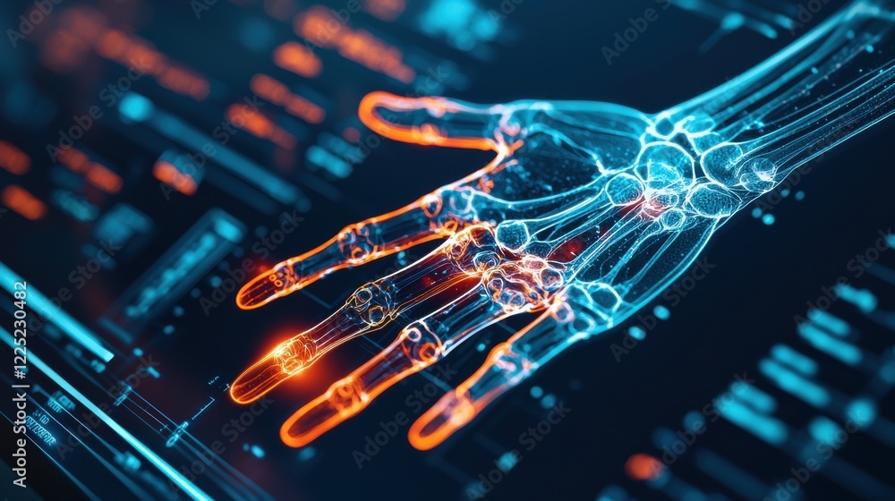 Poster futuristic x ray visualization of a digital hand skeleton with data network