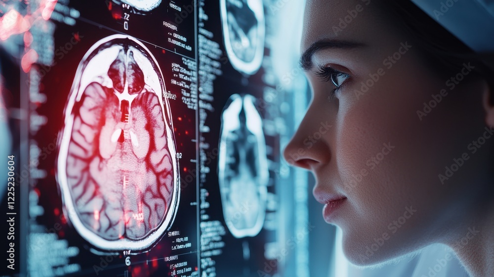 Poster close up view of brain scan on medical display screen showing neurology and diagnostic examination