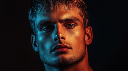 Close-up portrait of a young man's face, half lit in blue, half in orange.