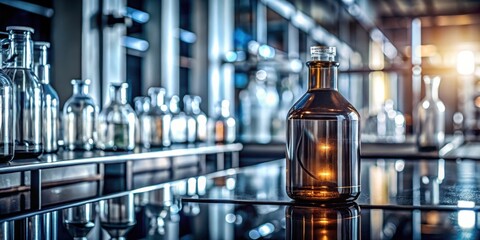 A single dark amber bottle rests on a sleek, reflective surface in a modern laboratory setting, surrounded by a variety of glass containers.