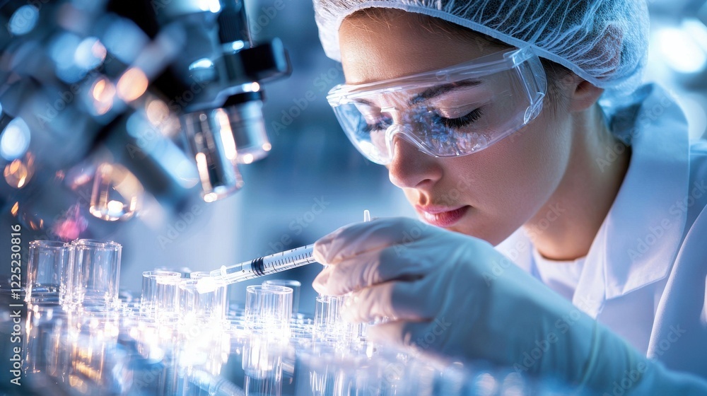 Aufkleber scientist examining liquid sample under microscope in laboratory setting