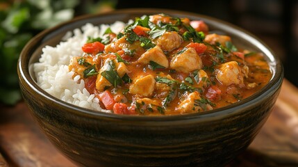 Chicken curry rice bowl, delicious meal, close-up