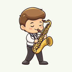 Naklejka premium Cute cartoon Boy Playing Saxophone vector illustration 