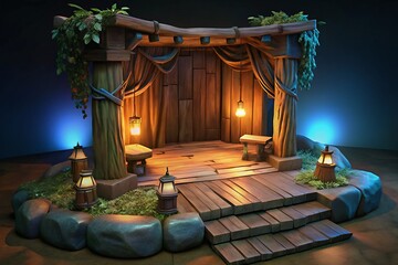 christmas tree and fireplace wooden square display stage background.