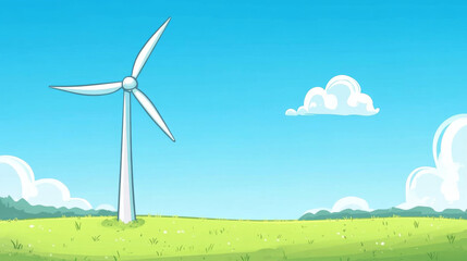 Obraz premium cute wind turbine stands tall in green field under bright blue sky, surrounded by fluffy clouds