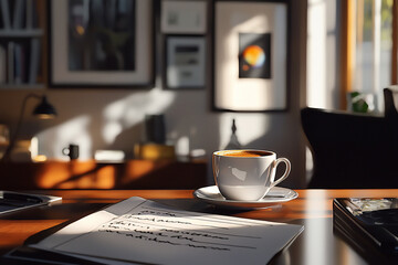A serene workspace featuring a coffee cup on a wooden desk, with art and sunlight in the background