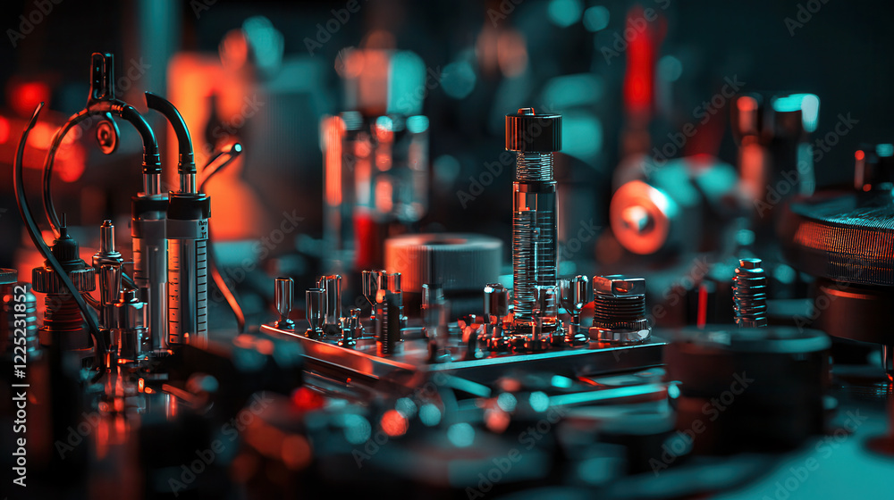 Poster close up view of collection of electronic components and tools, showcasing intricate details and vib