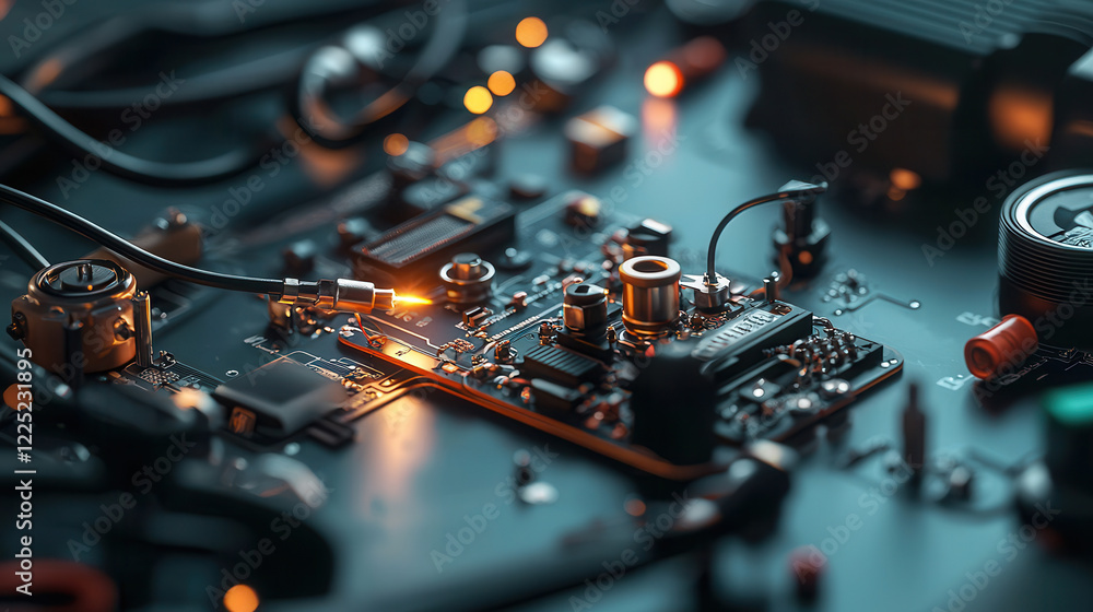 Poster close up of circuit board with electronic components and wires, showcasing intricate details and glo