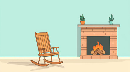 Fototapeta premium wooden rocking chair beside cozy fireplace with plants