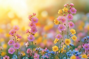 Vibrant Pink And Yellow Flowers In A Sunny Field