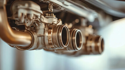 Obraz premium Close up of car exhaust system showcasing metal pipes and connectors, highlighting intricate details and craftsmanship