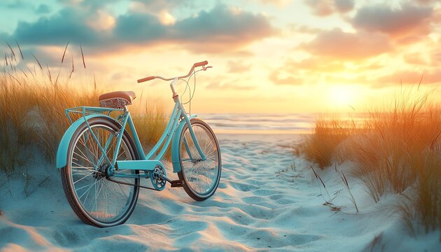 Retro blue bicycle near beach dunes, vibrant coastal landscape, travel freedom concept, serene sunset, soft natural lighting, highresolution, photorealistic