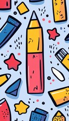 Fototapeta premium Seamless Pattern Of Colorful Hand Drawn Doodle Style Back To School Supplies With Pencil