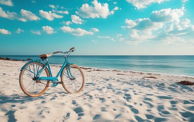 Fototapeta premium Retro blue bicycle resting on beach sand, peaceful beachside scene, ocean breeze, vintage travel lifestyle, cinematic lighting, highdefinition, sunkissed tones