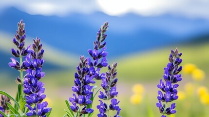 Fototapeta premium Vibrant purple lupine flowers in a lush green field with mountains in the background under a bright sky