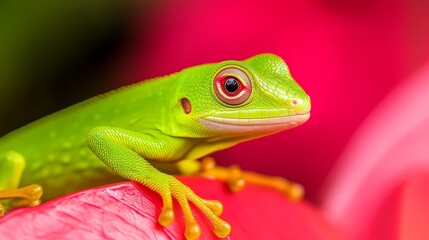 Obraz premium Close-up of a vibrant green frog perched on a pink flower, showcasing its bright colors in nature