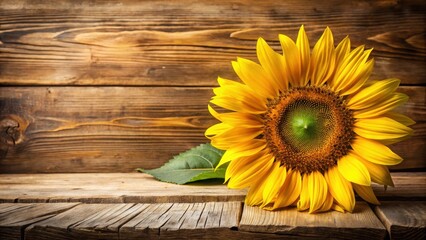 Obraz premium A bright yellow sunflower stem with large petals leaning on a rustic wooden board, against a warm and cozy background , wooden boards, natural textures