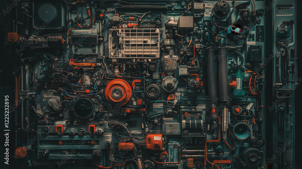 Poster detailed view of complex machinery with various components and wiring, showcasing intricacies of mec