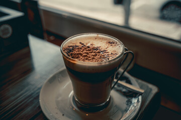 Close-Up Photograph of a Cappuccino in a Coffee Shop Setting