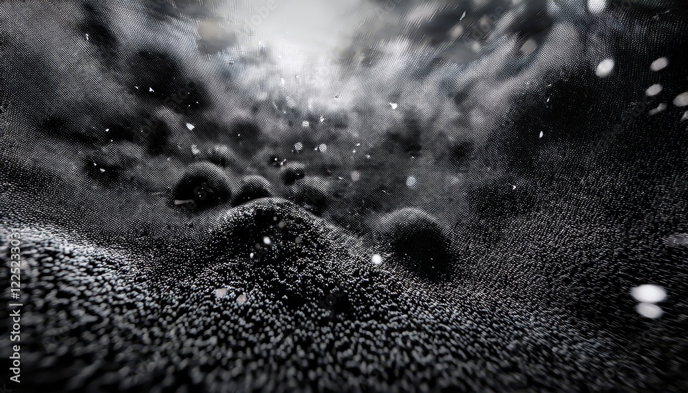 Poster mysterious cosmic landscape dark field of floating particles, illuminated by stellar rays, suggestin