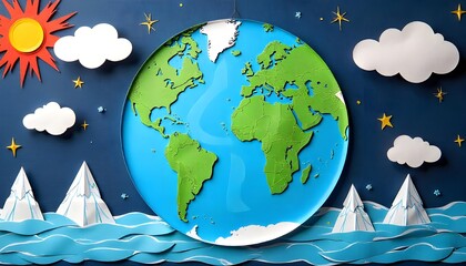 A paper collage depicting Planet Earth, highlighting the themes of climate change and global warming, with cut-out shapes and textures representing melting ice caps, rising temperatures environment