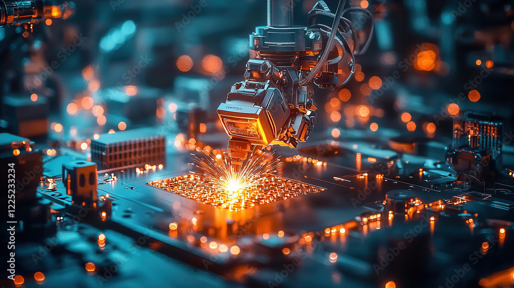 Poster close up of robotic welding machine creating sparks on circuit board, showcasing advanced technology