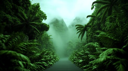 Obraz premium Mystical forest path, tropical plants glowing faintly, 3D illustration