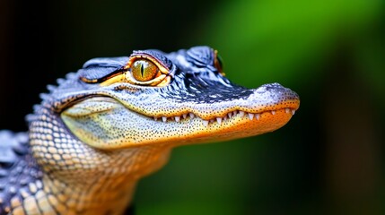 Fototapeta premium Close-up of a crocodile's head showcasing vibrant colors and intricate textures in a lush environment