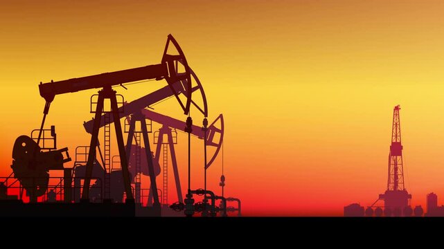Pump jack. Land crude oil drilling rig, derrick. Oil field, pumpjack. Looped animation. Background sunset sky. Gas. Onshore production, industry business. Silhouette, horizon desert. Seamless loop