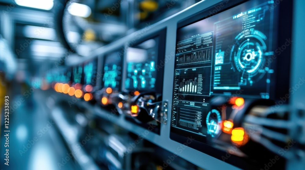 Poster futuristic data server rack with digital dashboard and interface