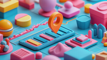 Colorful 3D geometric shapes with location pin on blue background