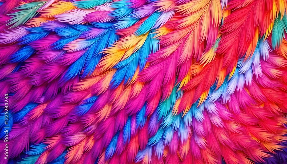 Leinwandbilder A vibrant, multicolored abstract background featuring a dynamic pattern resembling feathers or scales, radiating energy and creativity through flowing textures and bold hues
