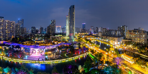 Chengdu cityscape Anshun Bridge over Jin River at night panorama in Chengdu, China
