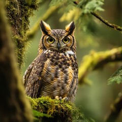 Obraz premium Majestic Great Horned Owl in Mossy Forest