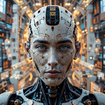 Cyberborg in AI workstation through the eyes of artificial intelligence: technology virtual reality simulation concept

