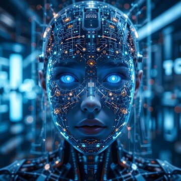Cyberborg in AI workstation through the eyes of artificial intelligence: technology virtual reality simulation concept
