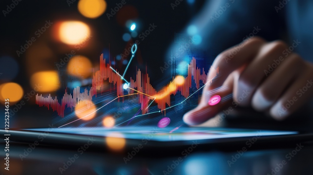 Poster dynamic financial data visualization on digital screen with trending market graph