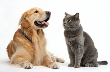 A golden retriever and a gray cat sit together on a white background, showcasing a friendly interaction between pets.