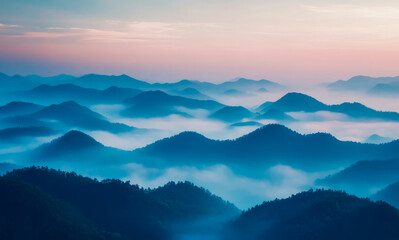 Fototapeta premium Serene Misty Mountain Range at Dawn: A Breathtaking Landscape