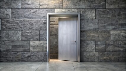 Modern gray door ajar, revealing a dimly lit interior space, set within a textured stone wall.