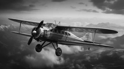 old vintage biplane propeller plane in the mystery sky, retro Design black and white photo