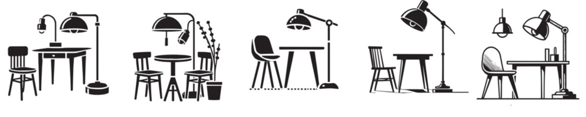 Collection of vector silhouettes of lamps and study tables