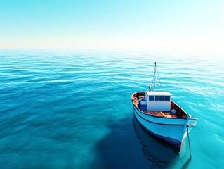 Obraz premium Small fishing boat, rocking on gentle ocean waves, 3D illustration