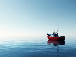 Fototapeta premium Small fishing boat, rocking on gentle ocean waves, 3D illustration